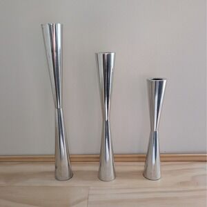 MCM Art Deco Minimalist Tapered Candlesticks Silver-Tone, Set of 3